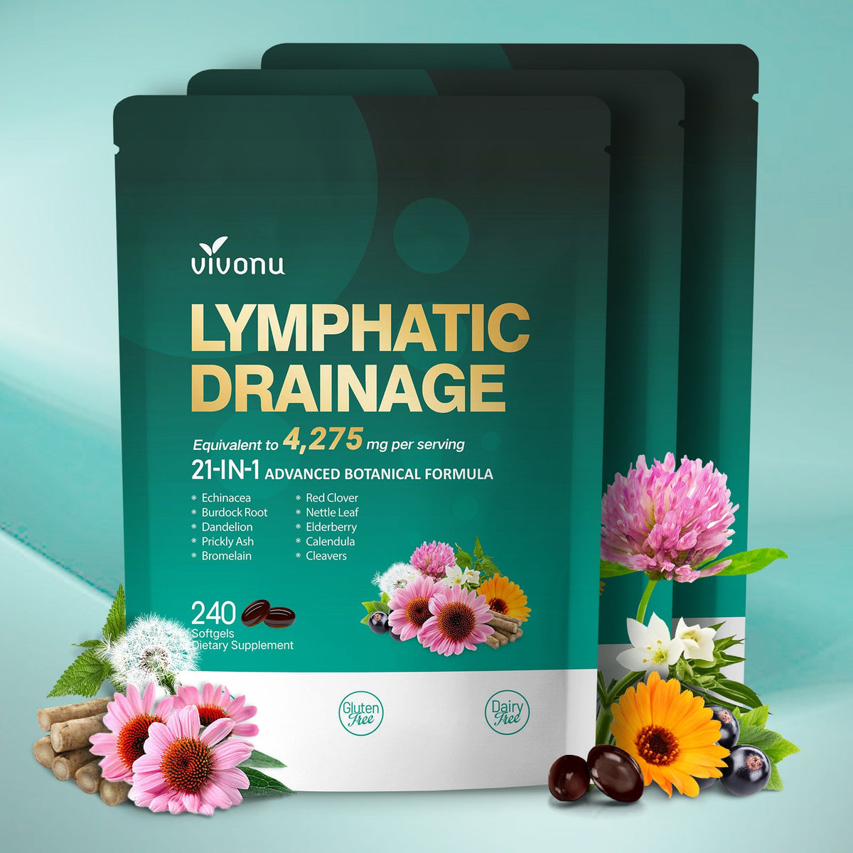 Lymphatic Drainage Supplement, 240 Softgels, 4275mg Lymph System Support Supplement for Women & Men