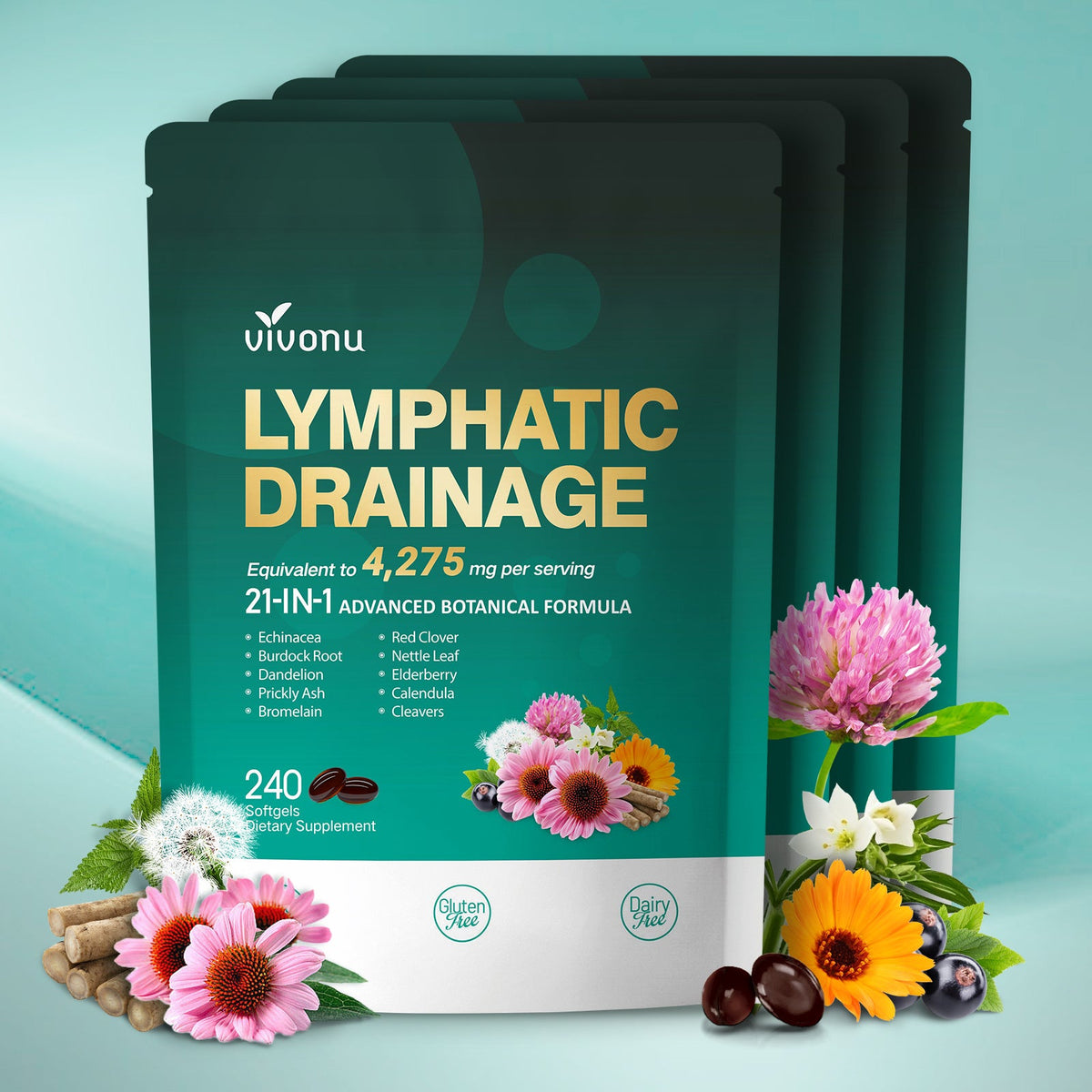 Lymphatic Drainage Supplement, 240 Softgels, 4275mg Lymph System Support Supplement for Women & Men